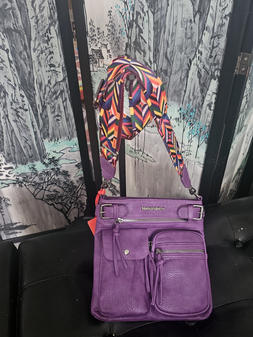 Montana West Purple Crossbody Bag with Multicolor Strap